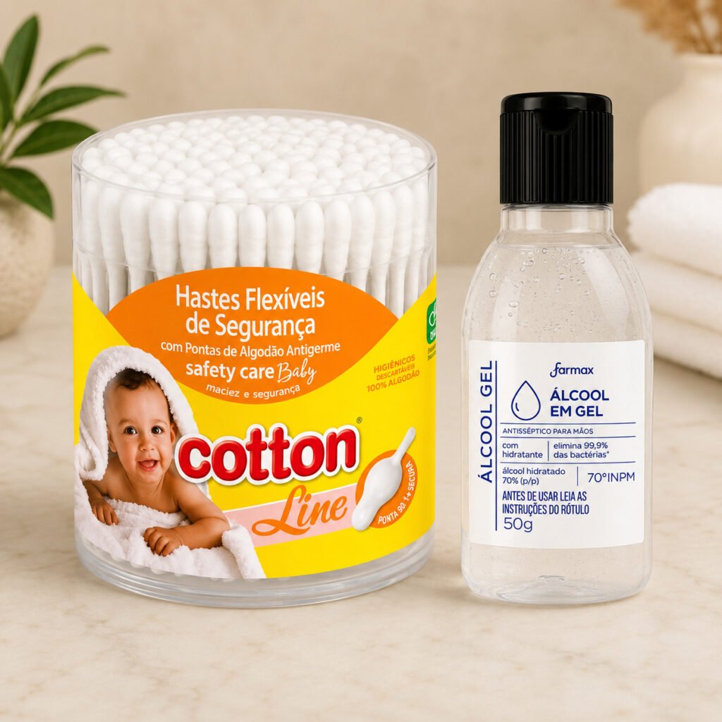 Kit para limpeza do umbigo do bebê contendo álcool e cotonetes para higiene diária.