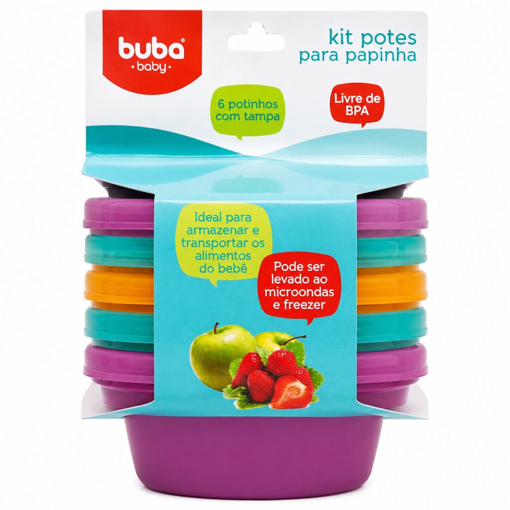 Kit com 6 potes Buba 250ml rosa para armazenar papinhas e alimentos do bebê.
