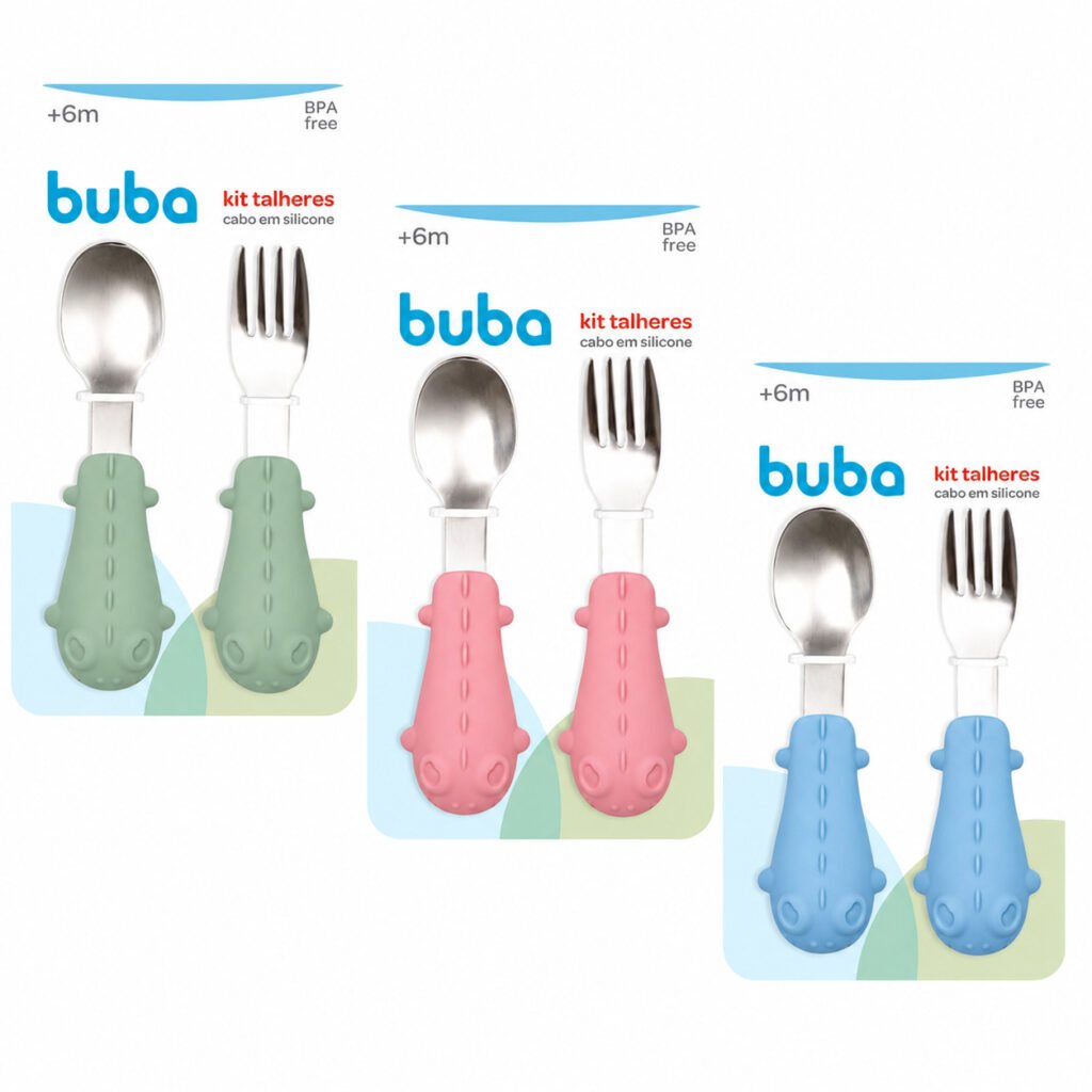 Kit Talheres Infantil Buba com colher e garfo em aço inox e cabo em silicone para introdução alimentar.