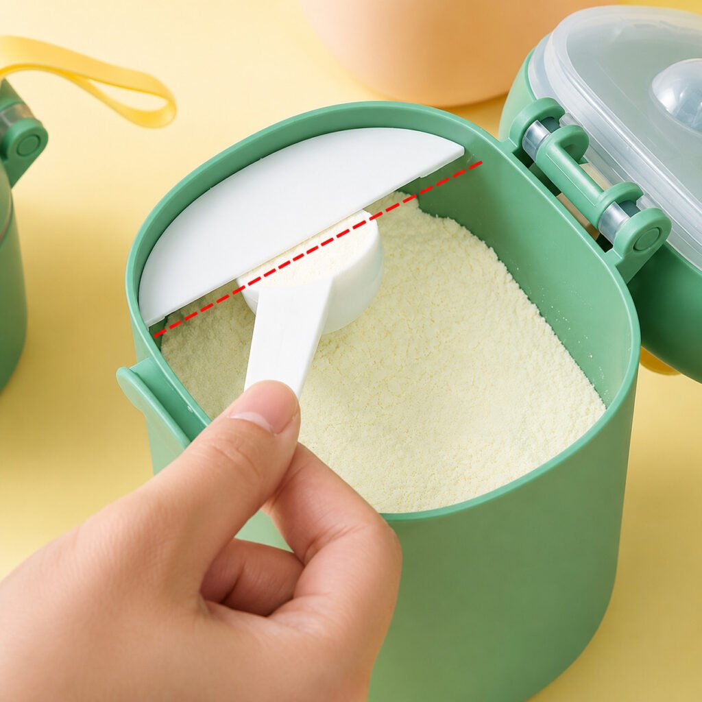 Porta leite em pó para bebê com dosador e nivelador facilitando o preparo da mamadeira.