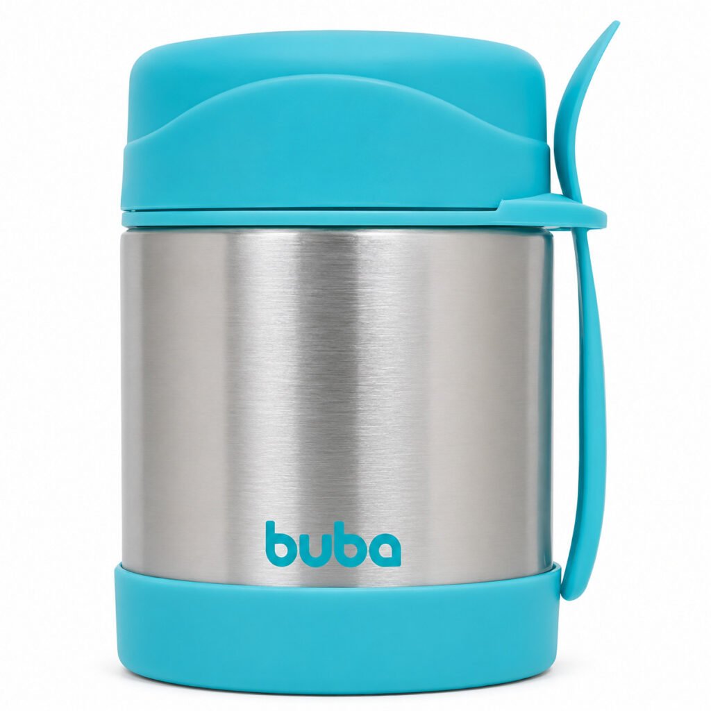 Pote térmico infantil Buba de aço inox mantendo alimentos quentes ou frios por mais tempo.