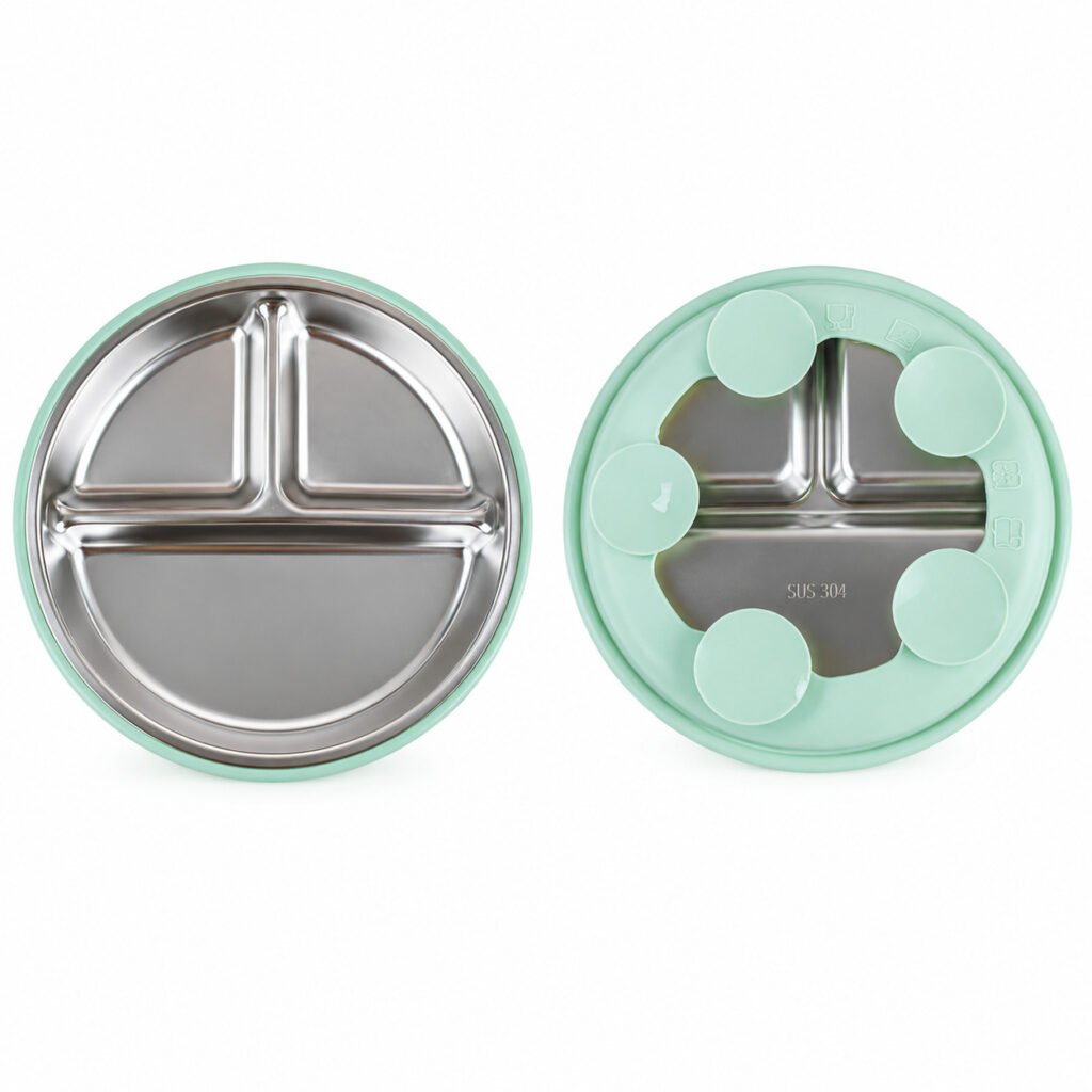 Prato bebê infantil com 3 divisórias em silicone e inox com ventosa antiderrapante para introdução alimentar.