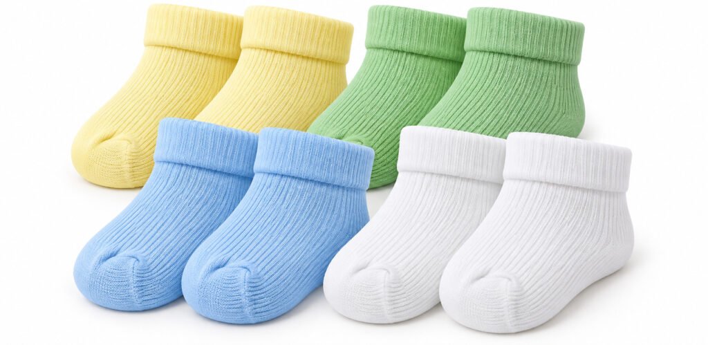 Kit de meias de bebê em cores pastel amarelo, verde, azul e branco