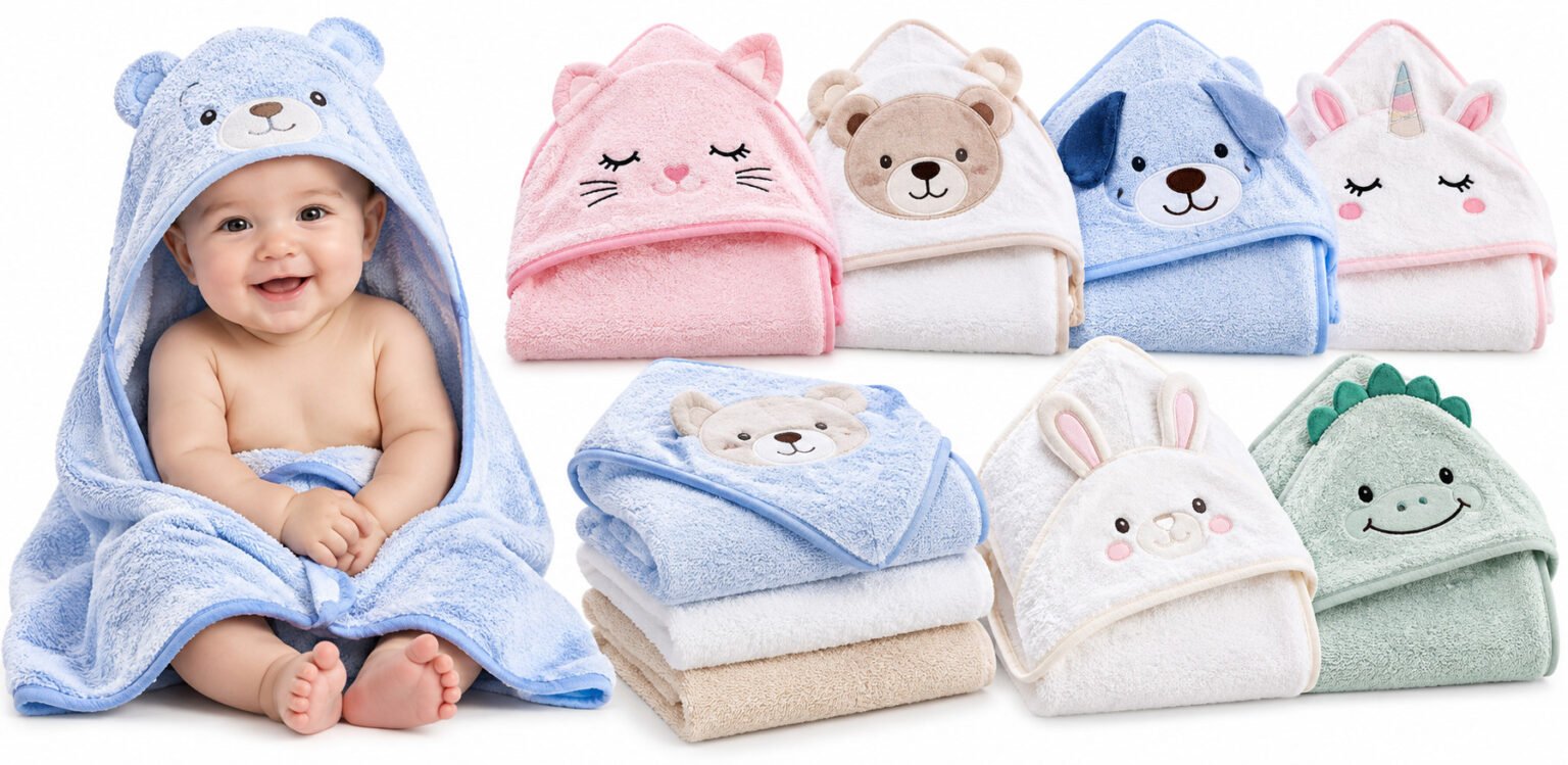 Toalhas de banho para bebê com capuz em diferentes cores e estampasToalhas de banho para bebê com capuz em diferentes cores e estampas
