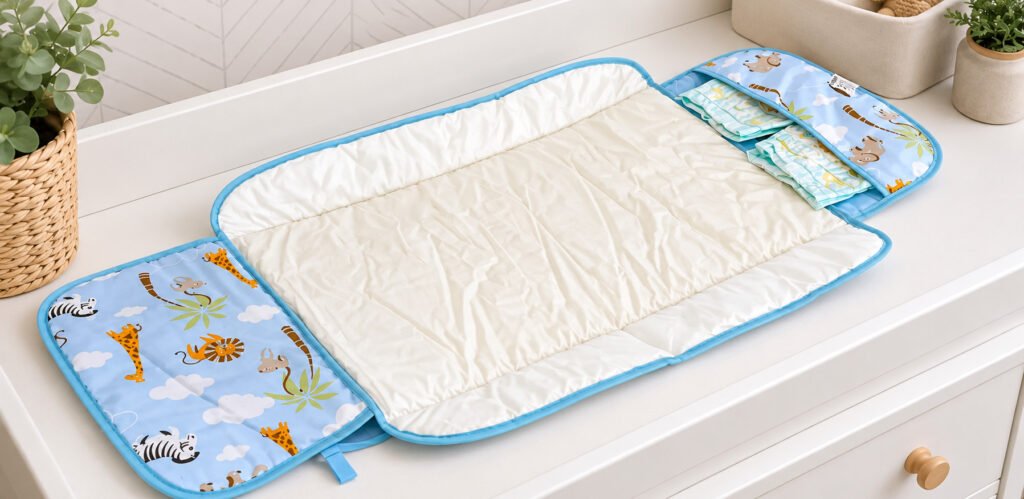 Trocador portátil para bebê azul com estampa safari