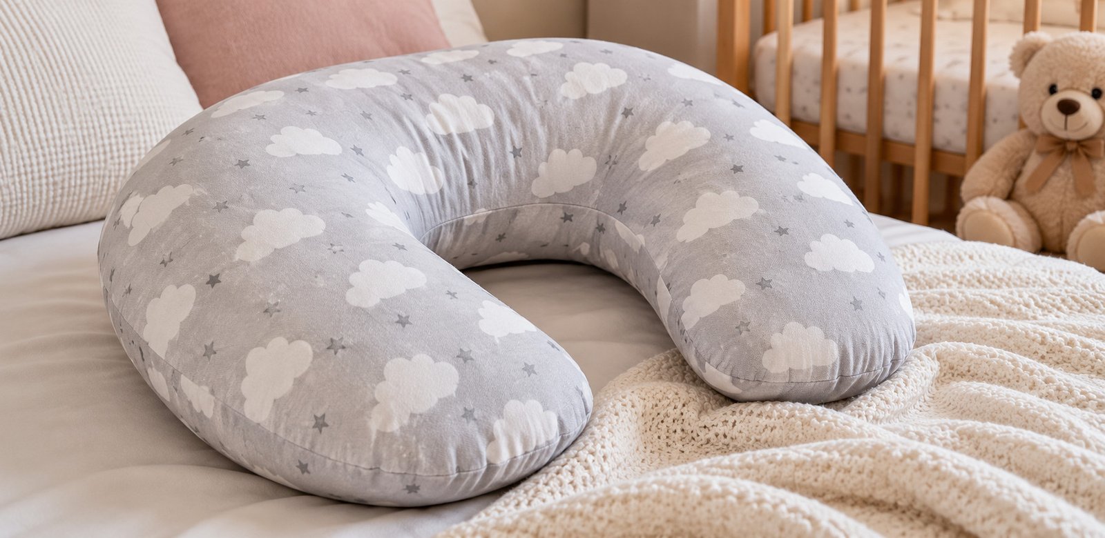 Almofada de amamentação cinza com estampa de nuvens e estrelas, ideal para apoiar o bebê durante a amamentação.