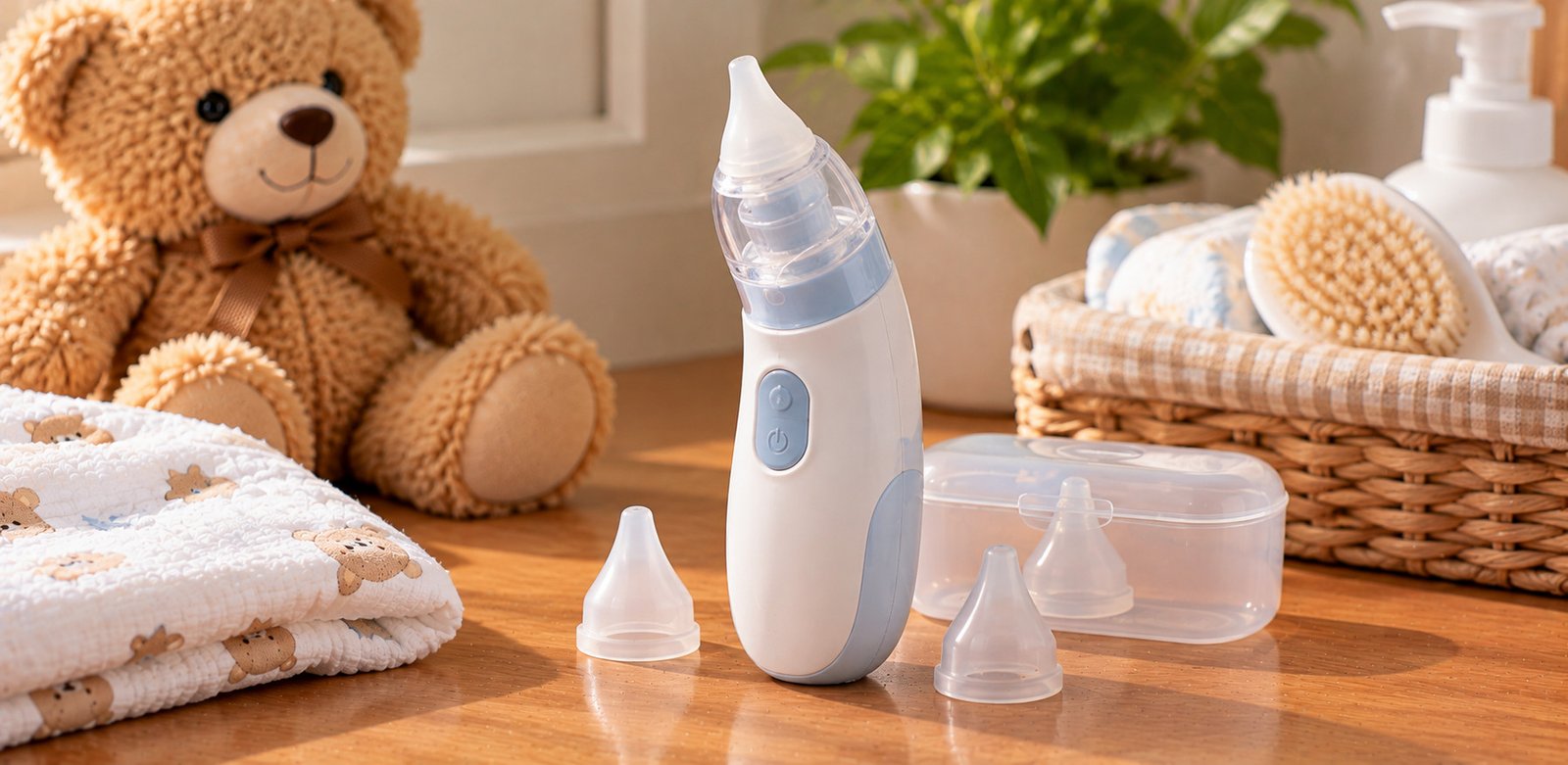 Aspirador nasal elétrico para bebê nas cores branca e azul-claro, acompanhado de ponteiras transparentes e estojo sobre uma bancada de madeira.
