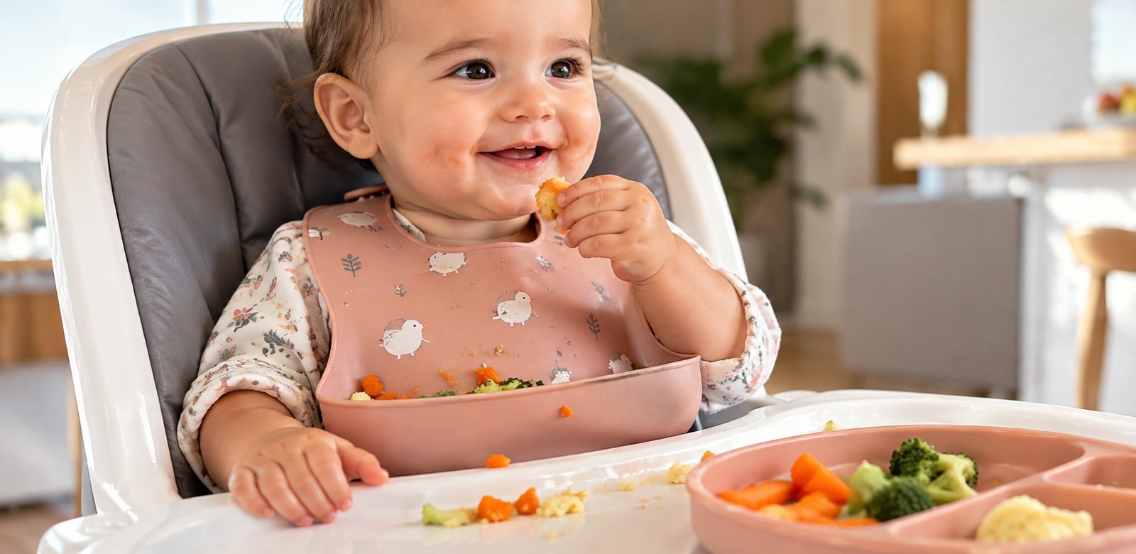 Bebê usando babador impermeável com coletor de alimentos durante a introdução alimentar