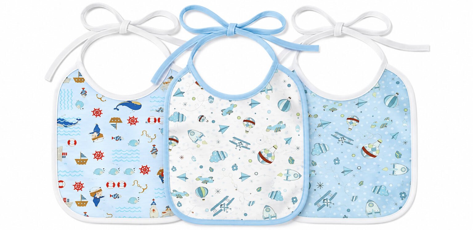 Kit com três babadores de bebê estampados em tons de azul e branco, com desenhos náuticos, aviões, foguetes e balões.