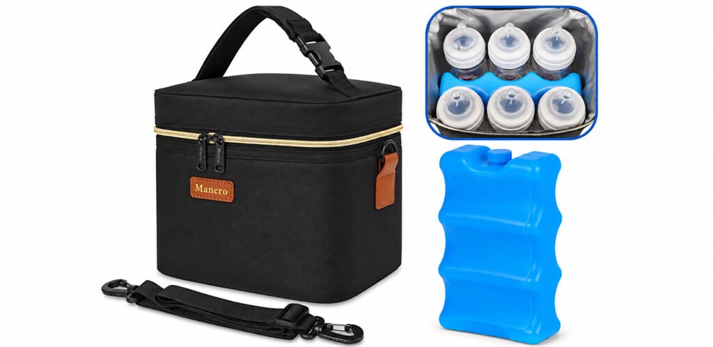Bolsa térmica preta para transportar leite materno, acompanhada de bolsa de gelo azul e compartimento interno para mamadeiras.