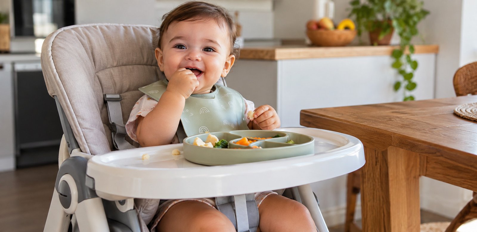 Bebê sentado na cadeira de alimentação durante a introdução alimentar