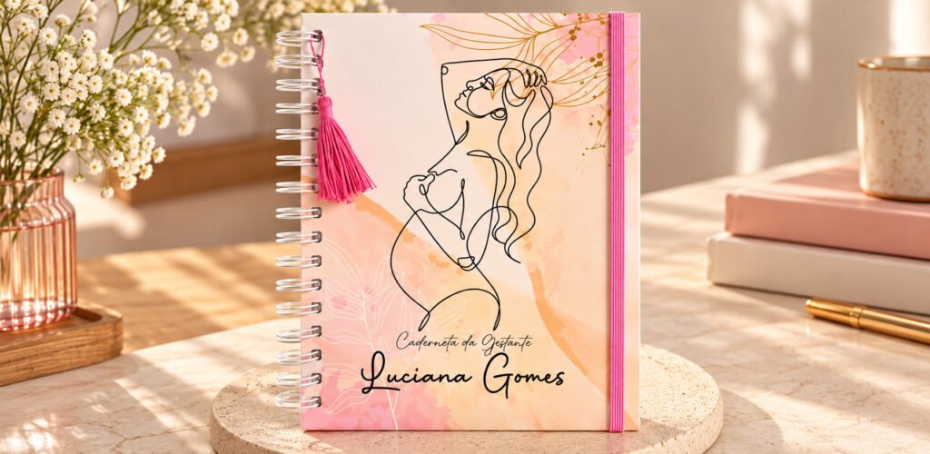 Caderneta da gestante com capa rosa, ilustração de mãe e bebê e encadernação espiral