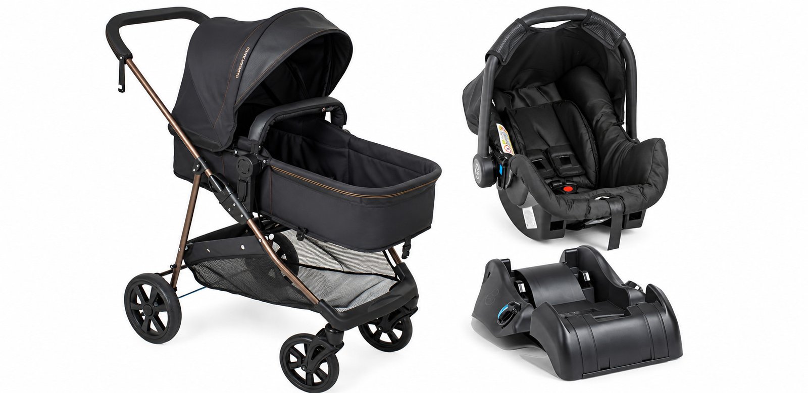 Carrinho de bebê Galzerano preto com moisés, bebê conforto e base veicular