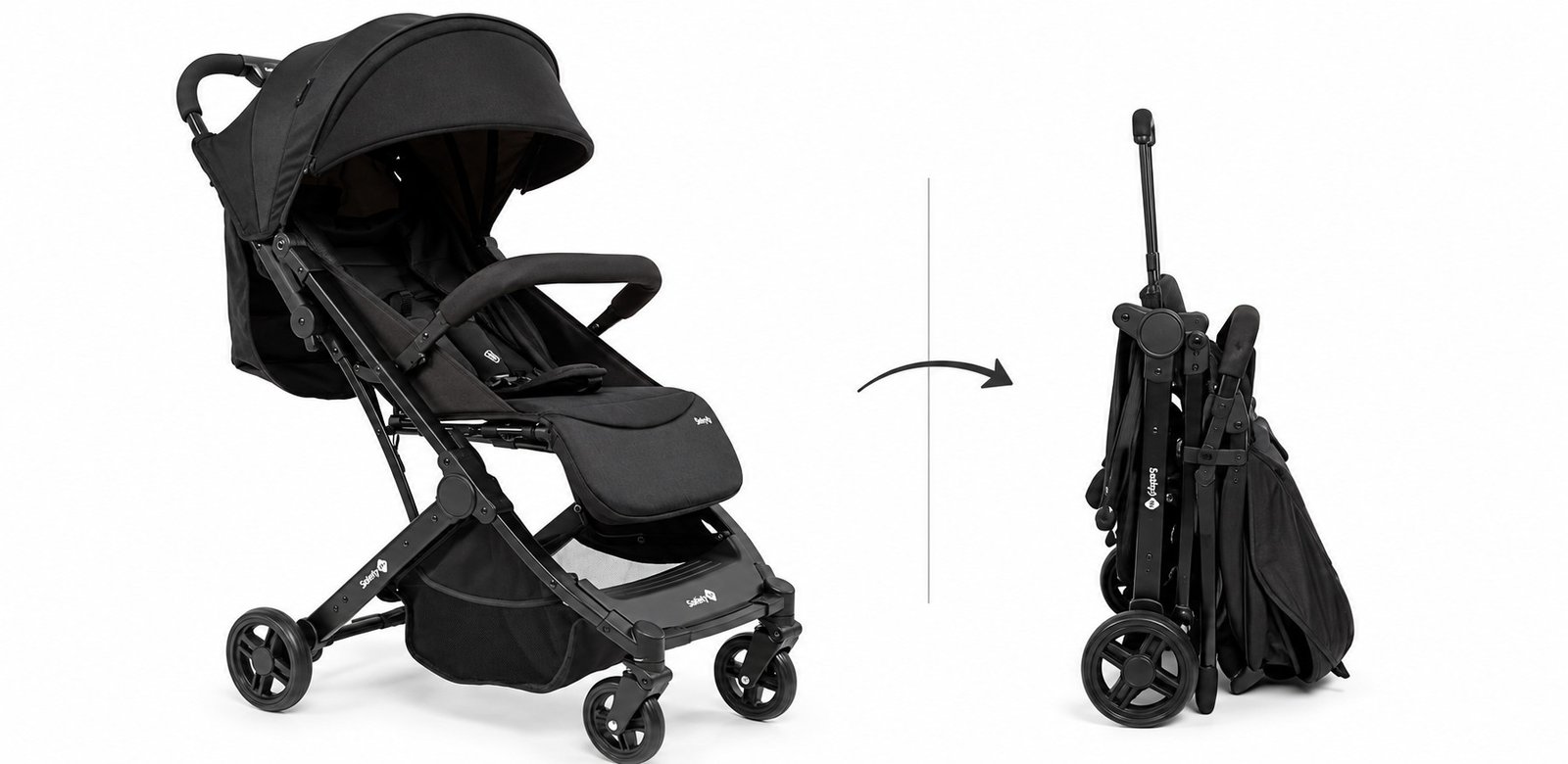 Carrinho de bebê Safety 1st preto aberto e dobrado mostrando seu fechamento compacto