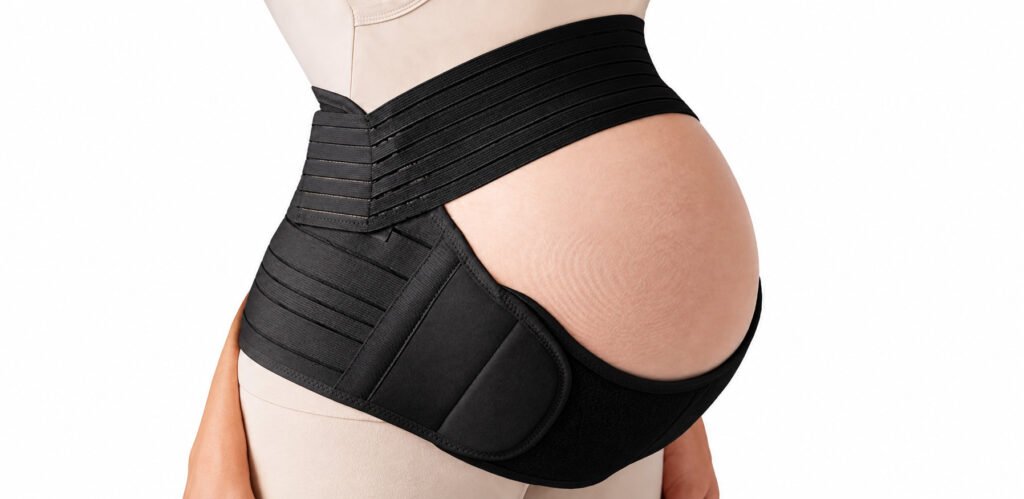 Gestante usando cinta preta de suporte abdominal com faixas ajustáveis