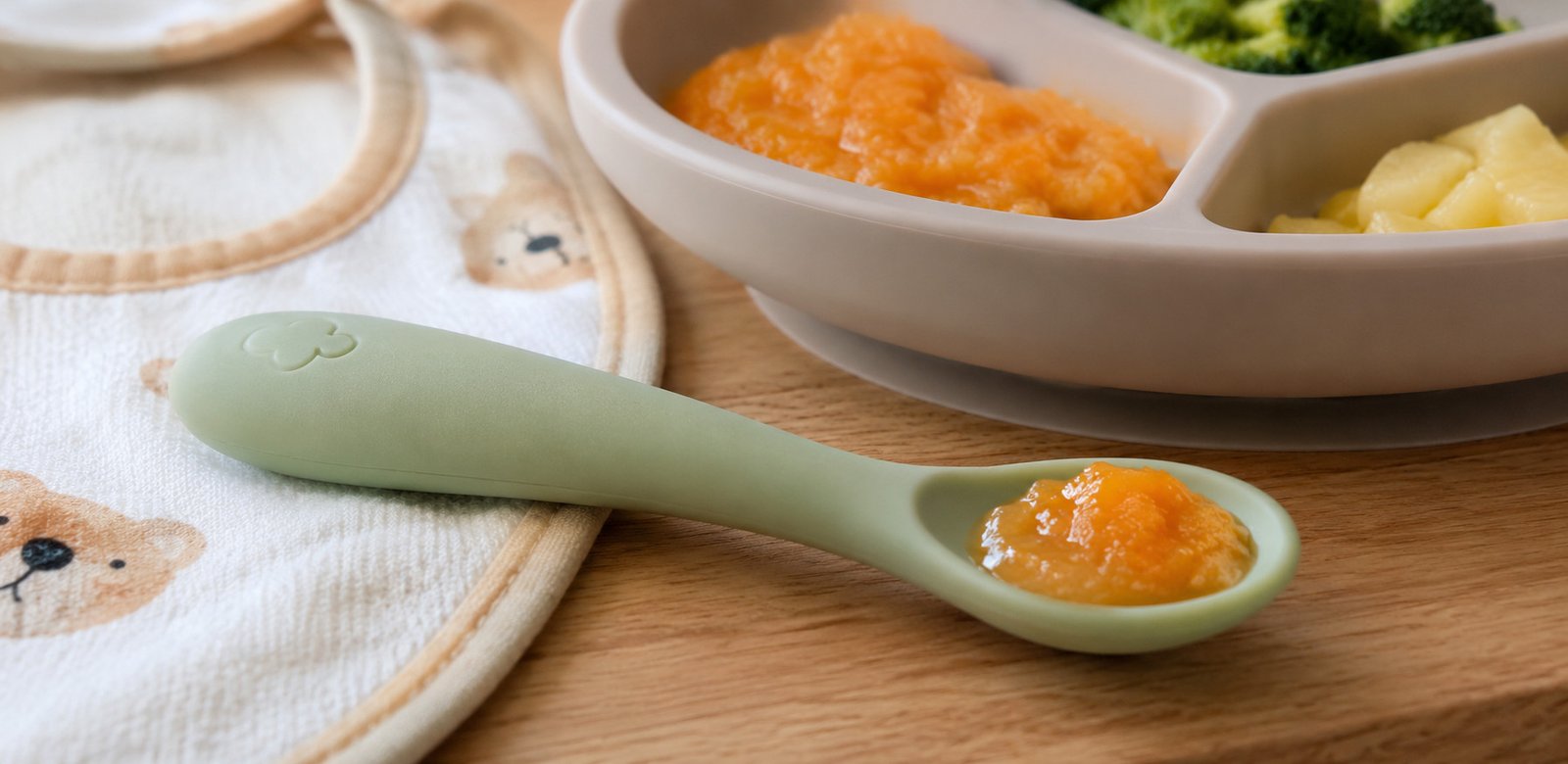 Colher infantil de silicone verde com papinha para introdução alimentar do bebê