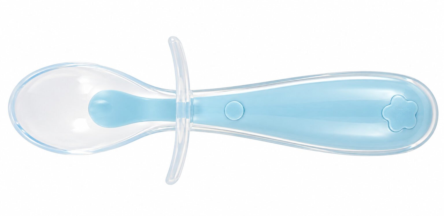Colher de silicone azul-claro para bebê, com ponta arredondada, cabo ergonômico e escudo de proteção transparente.