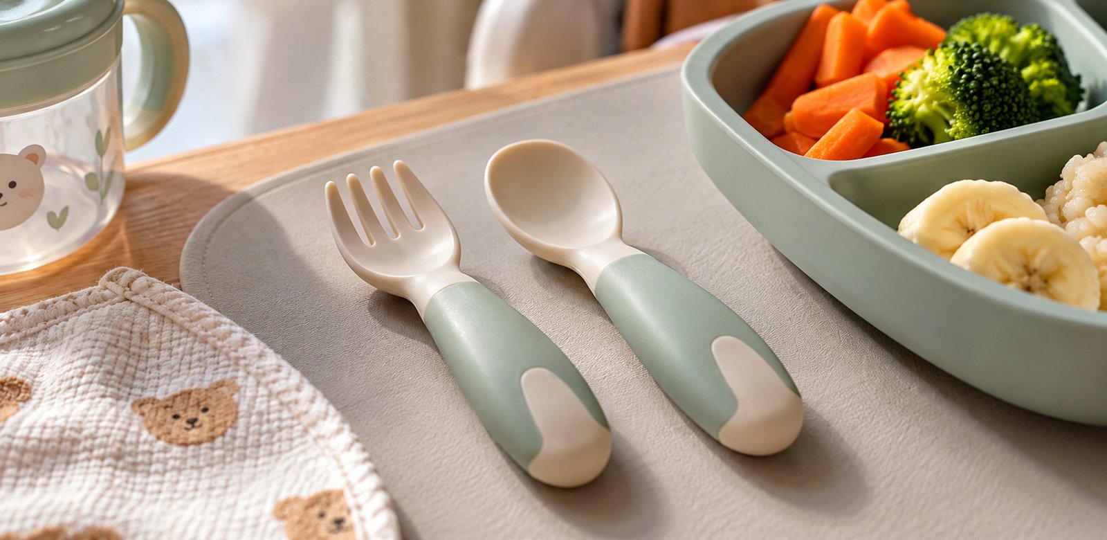 Conjunto de garfo e colher infantil com pontas arredondadas e cabos ergonômicos para introdução alimentar do bebê.