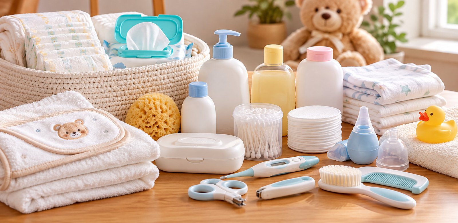 Enxoval de higiene do bebê com fraldas, toalhas, sabonete infantil, algodão, cotonetes, escova, pente e cortador de unhas.