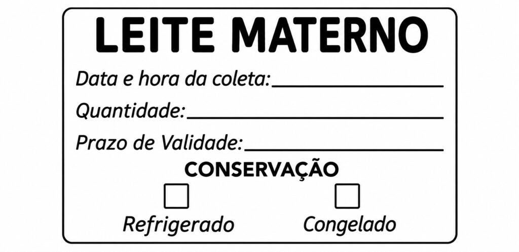 Etiqueta para leite materno com campos para data da coleta, quantidade, prazo de validade e conservação refrigerada ou congelada.