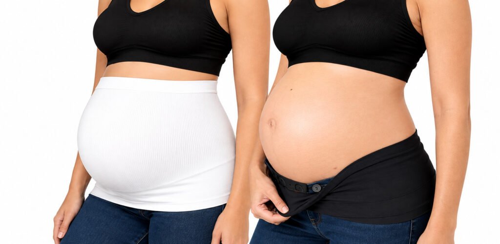 Duas gestantes usando faixas para barriga, uma branca e outra preta ajustável