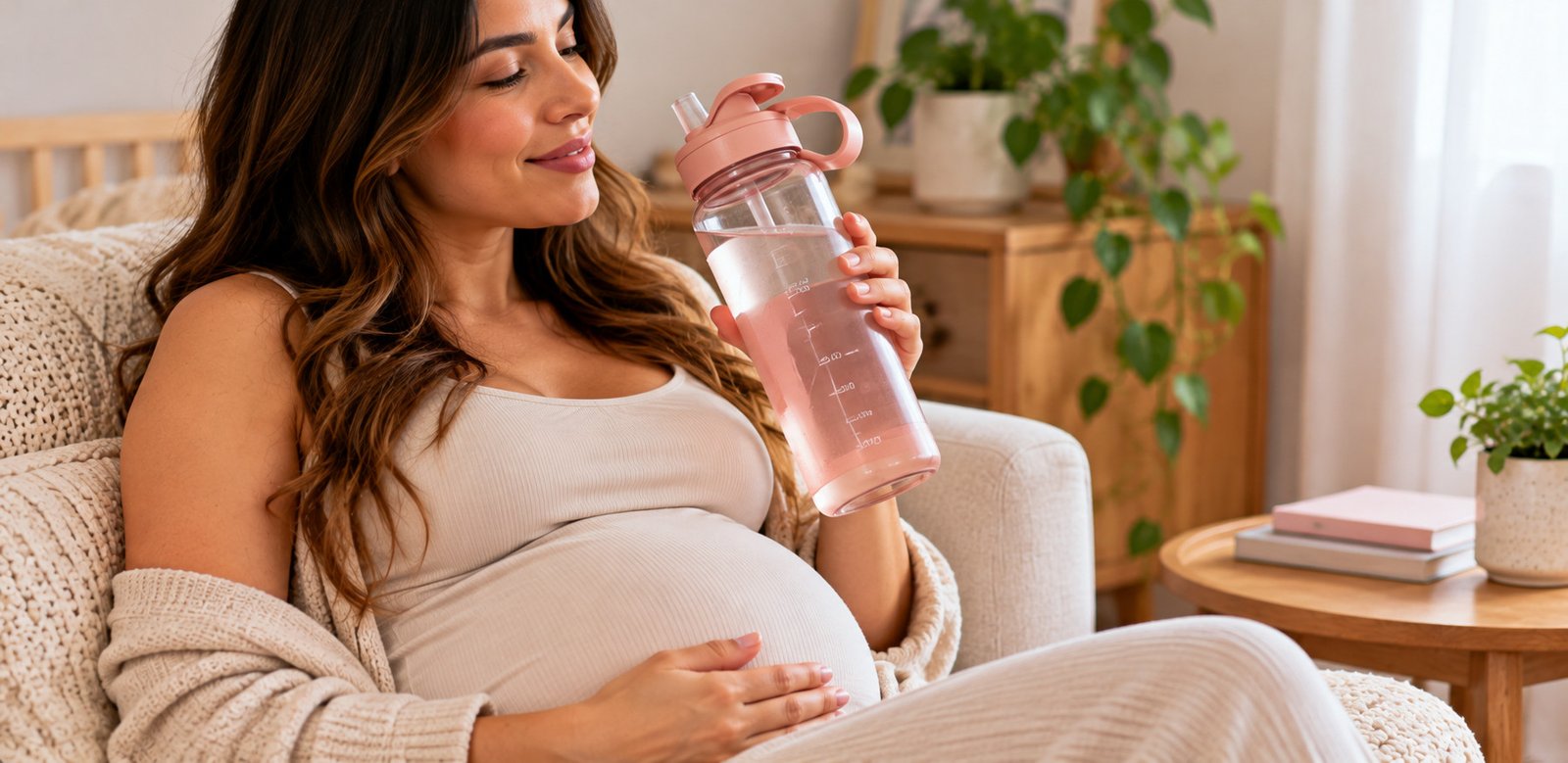 Mulher grávida segurando garrafa de água transparente com tampa rosa