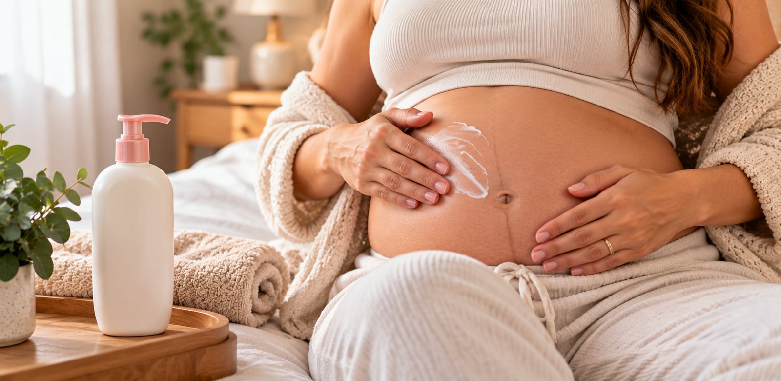 Mulher grávida aplicando hidratante corporal na barriga durante a gestação