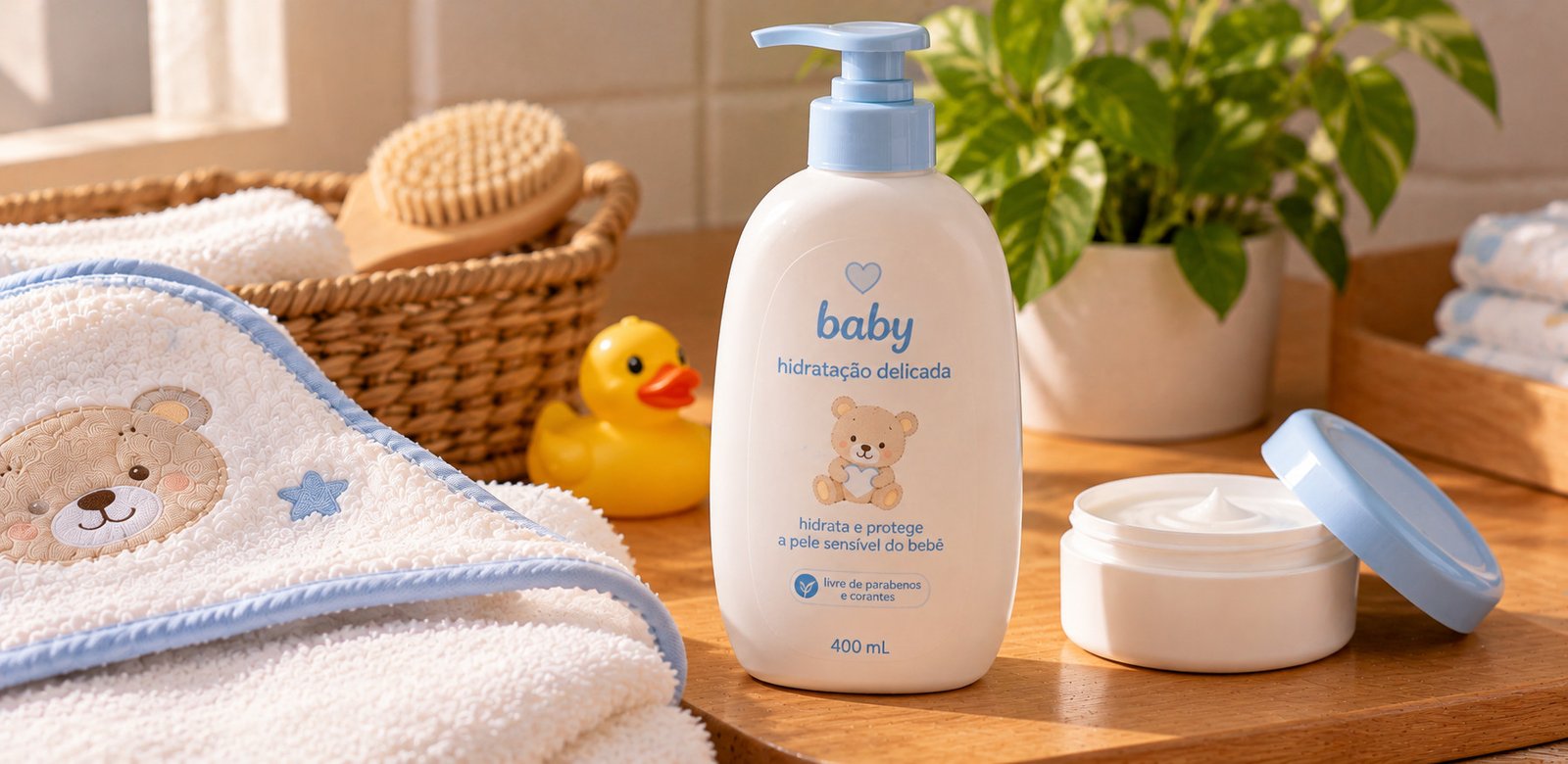 Frasco de hidratante para bebê com pump azul ao lado de um pote de creme aberto e uma toalha infantil com estampa de ursinho.