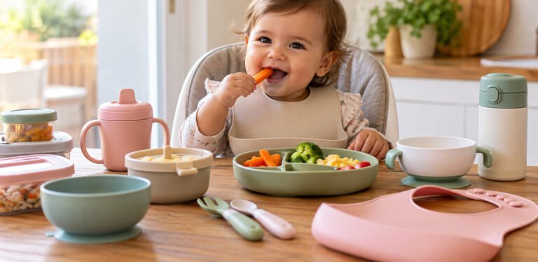 Bebê na cadeira de alimentação com pratos, tigelas, copos e utensílios para introdução alimentar8*65+