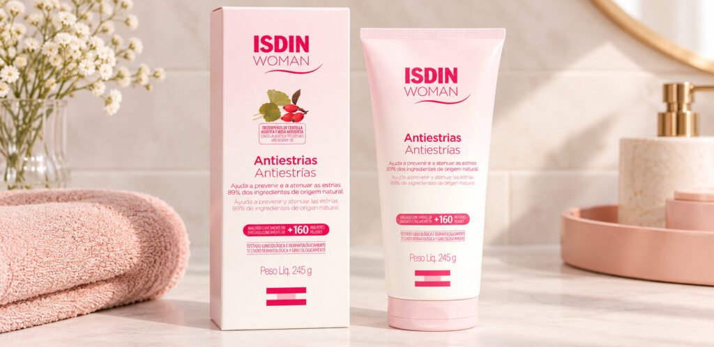 Creme ISDIN Woman Antiestrias 245 g para cuidados com a pele durante a gestação, com embalagem rosa e branca.