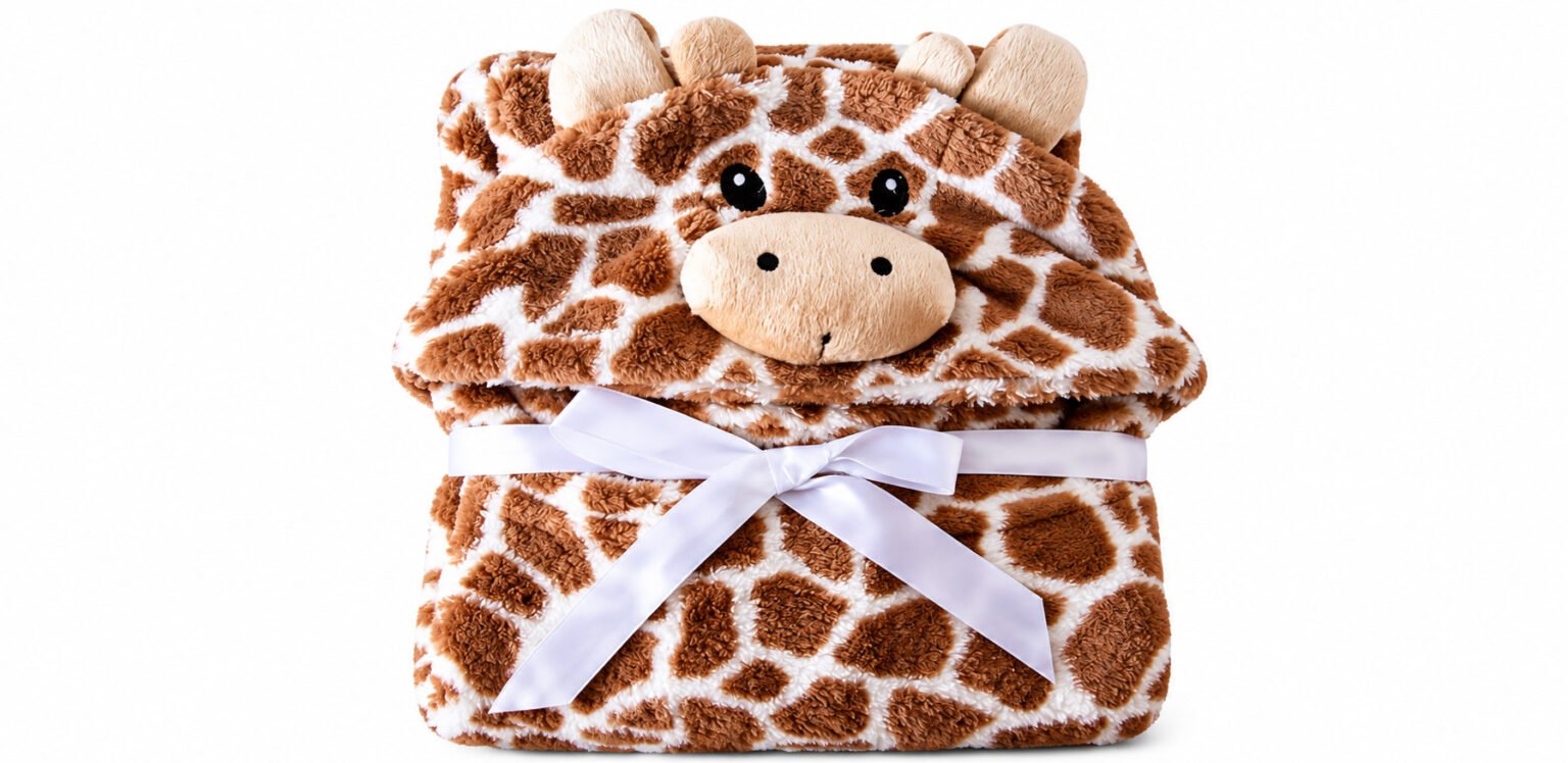 Manta de bebê de pelúcia marrom e branca com capuz de girafa e laço branco