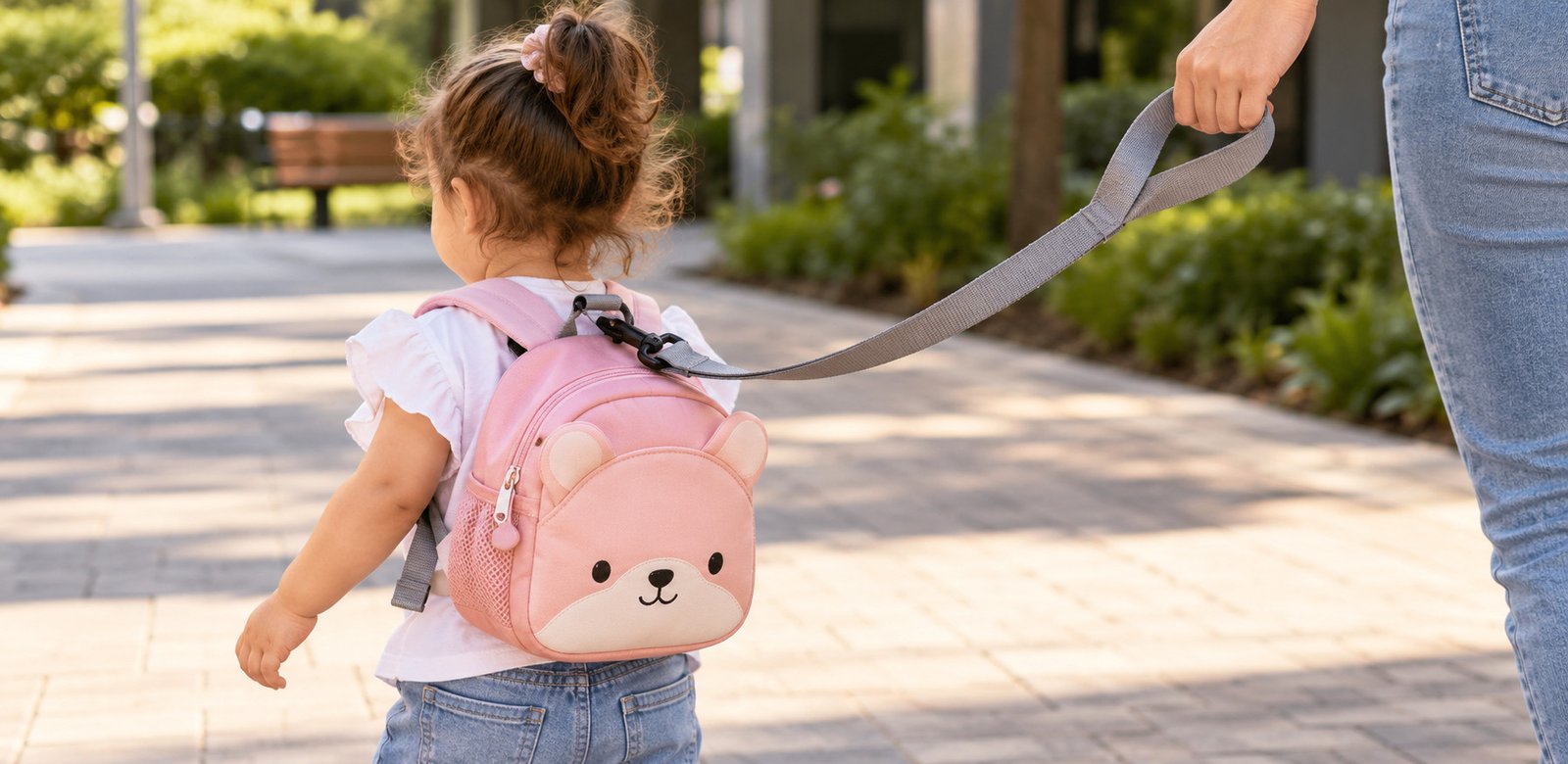 Criança usando mochila anti-perda infantil rosa com alça de segurança durante passeio ao ar livre.