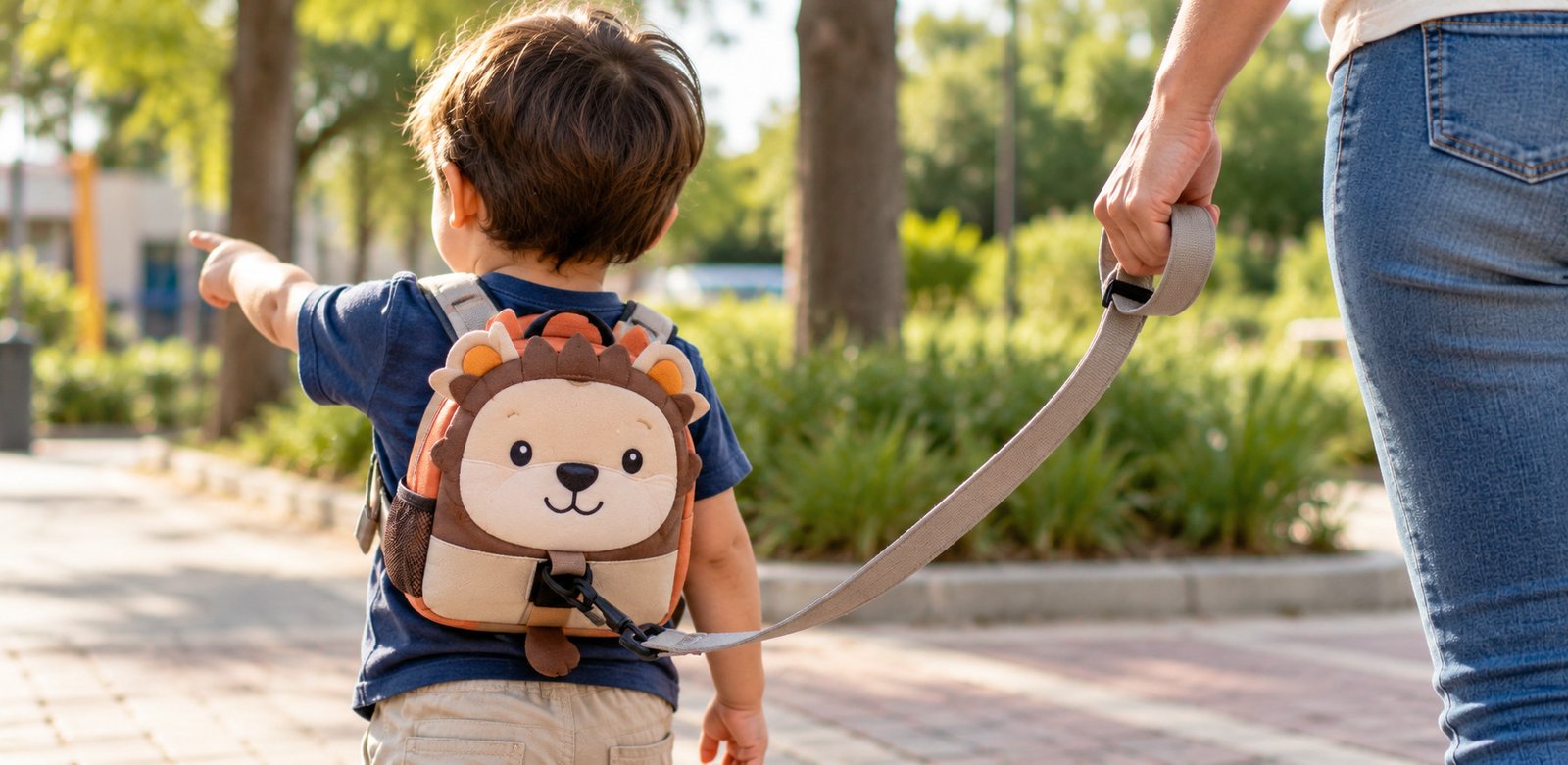 Menino usando mochila anti-perda infantil com alça de segurança durante passeio no parque com um adulto.