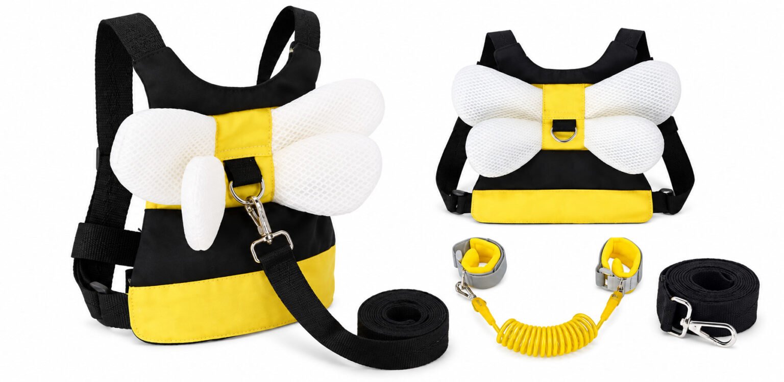 Mochila infantil anti-perda amarela e preta com alças ajustáveis e guia de segurança para passeios.