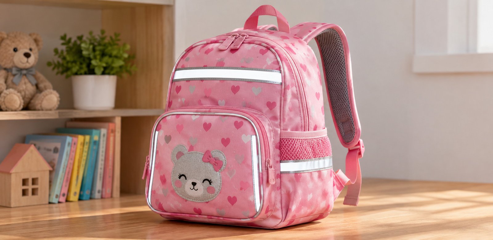 Mochila infantil rosa com detalhes refletivos, bolsos com zíper e alças acolchoadas.