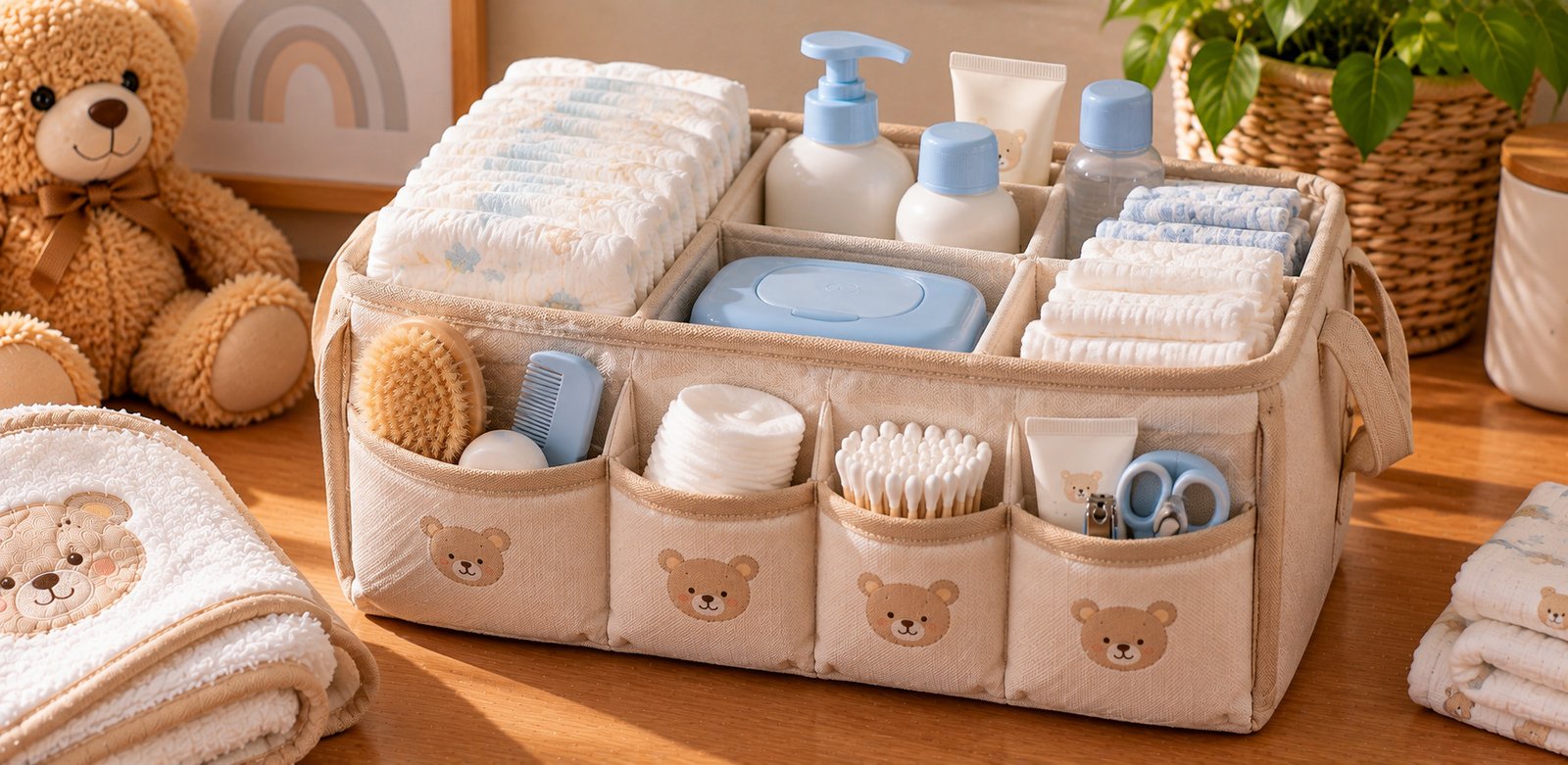Organizador bege com estampa de ursinhos, contendo fraldas descartáveis, lenços umedecidos, algodão, loções, escova e acessórios de higiene para bebê.