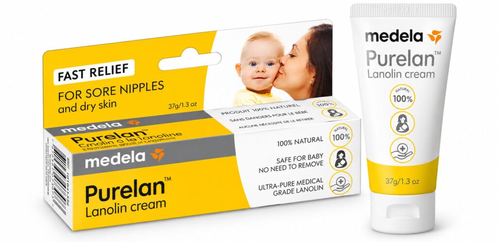 Pomada de lanolina Medela Purelan 37 g para hidratação dos mamilos durante a amamentação, com embalagem amarela e branca.