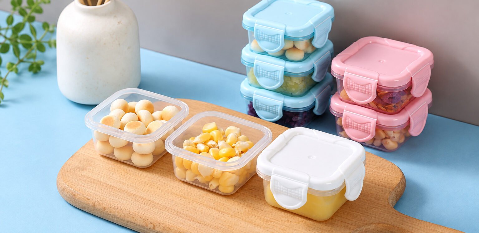 Potes para armazenar comida do bebê com tampas azuis, rosas e brancas, contendo alimentos em pequenas porções.
