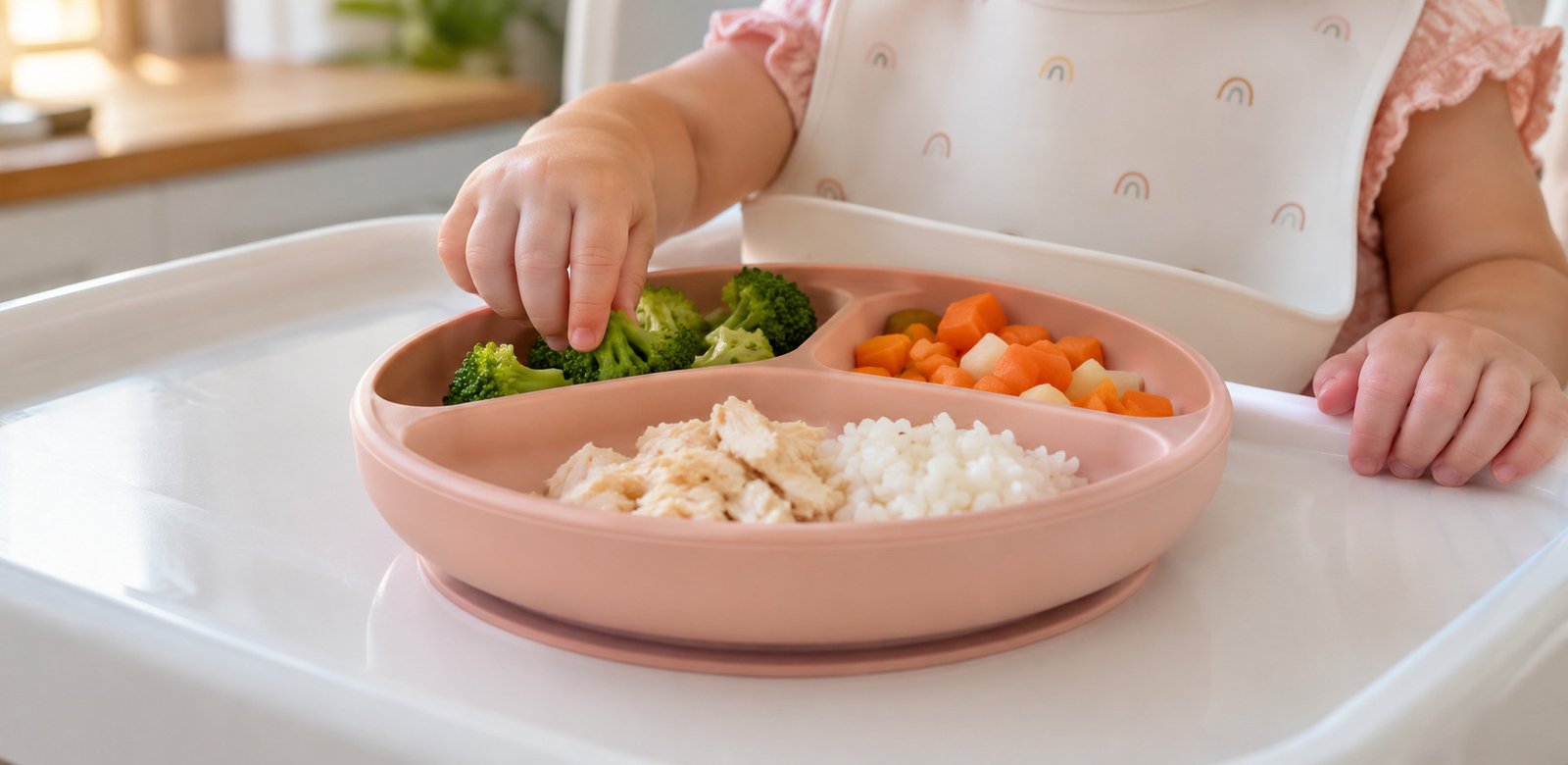 Bebê utilizando prato infantil com divisórias e base antiderrapante durante a refeição