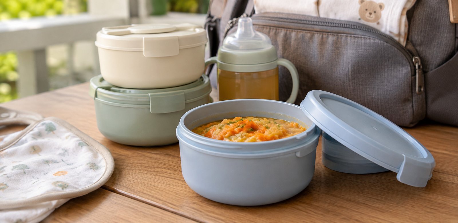 Recipientes para levar comida do bebê em passeios, com potes de alimentos e acessórios infantis.
