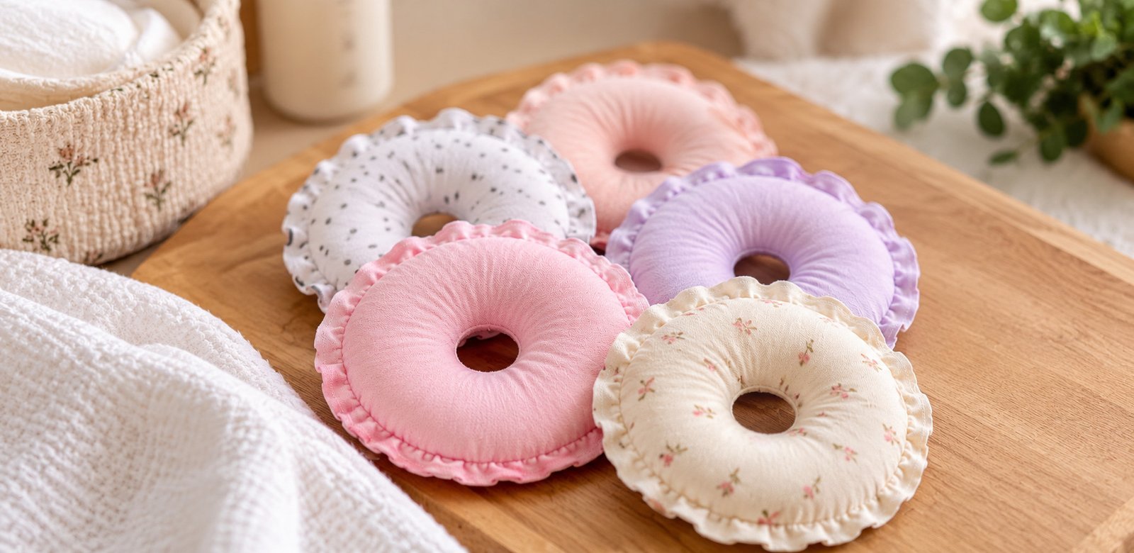 Rosquinhas de tecido para amamentação em tons pastel, com bordas franzidas