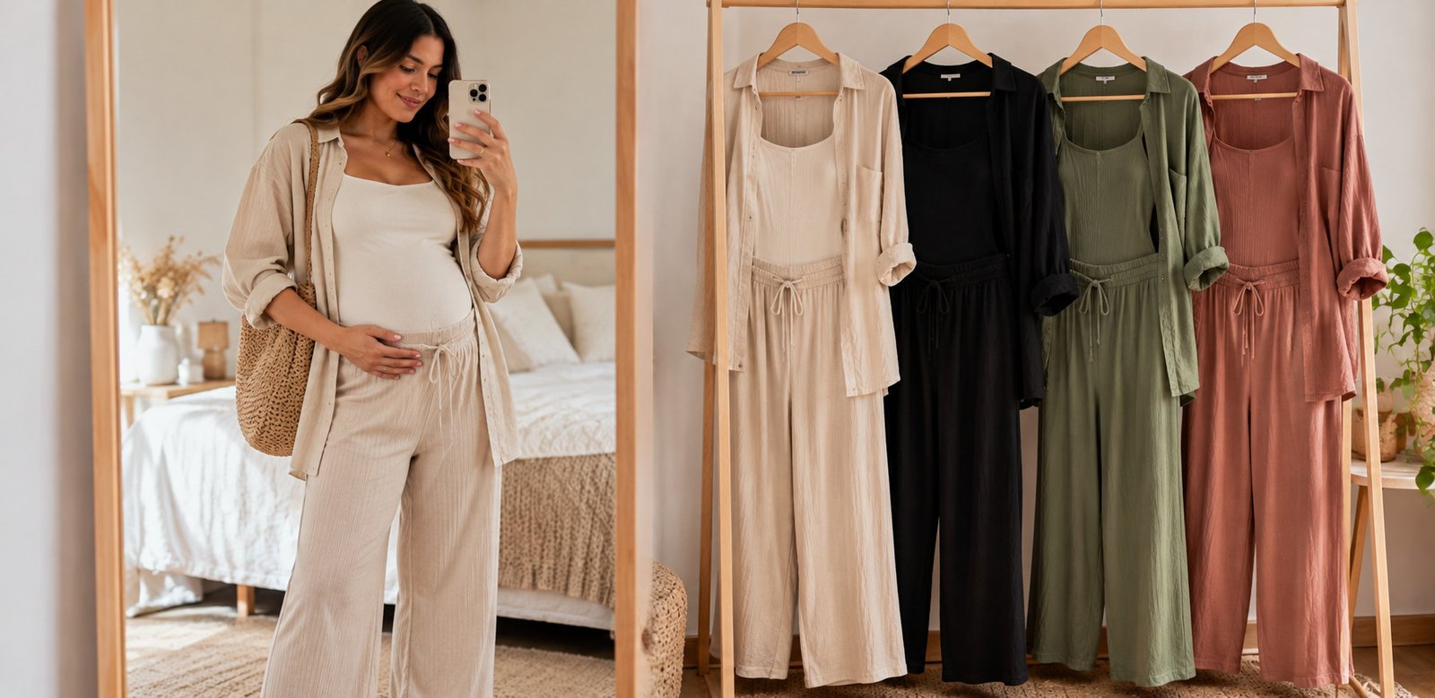 Mulher grávida usando conjunto bege confortável com roupas casuais em diferentes cores ao fundo