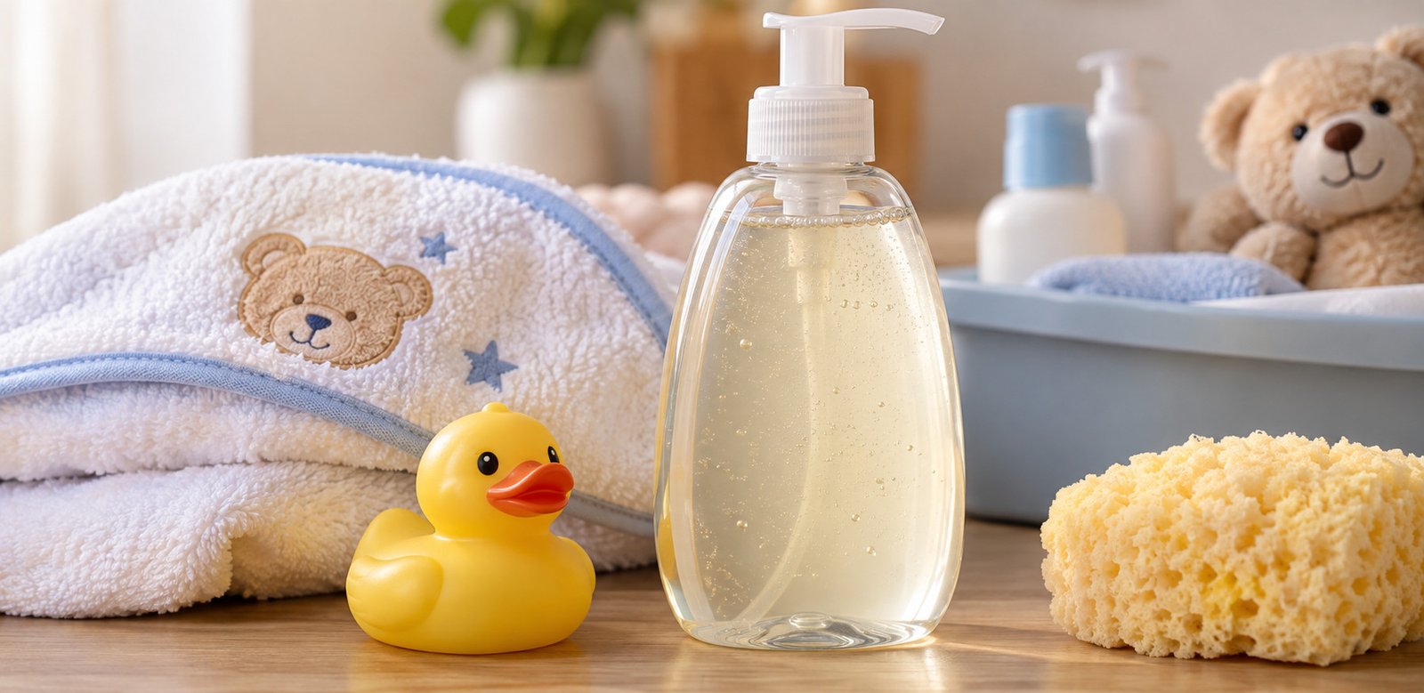 Sabonete líquido para bebê em frasco transparente ao lado de toalha com capuz de ursinho, patinho de borracha e esponja de banho.