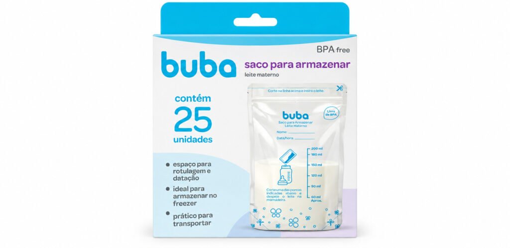 Embalagem de saco para armazenar leite materno Buba com 25 unidades, com marcações de volume e espaço para identificação.