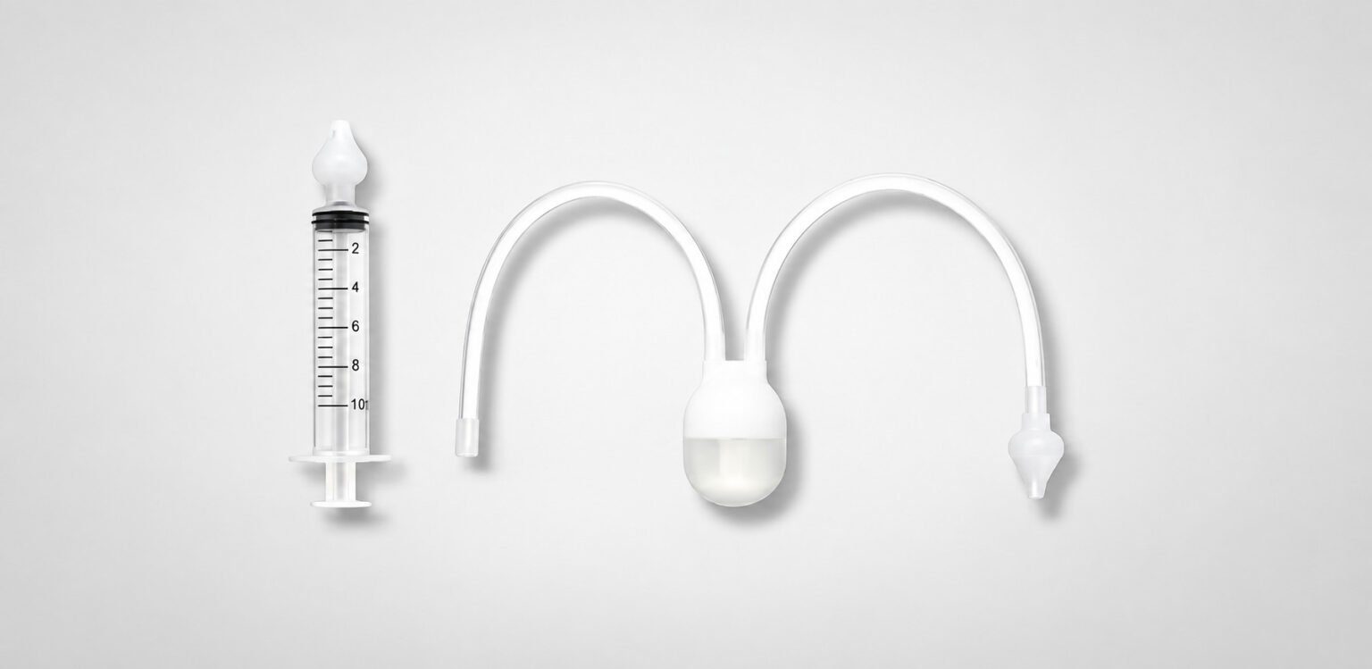 Seringa dosadora e aspirador nasal para bebê com tubos transparentes e bulbo branco
