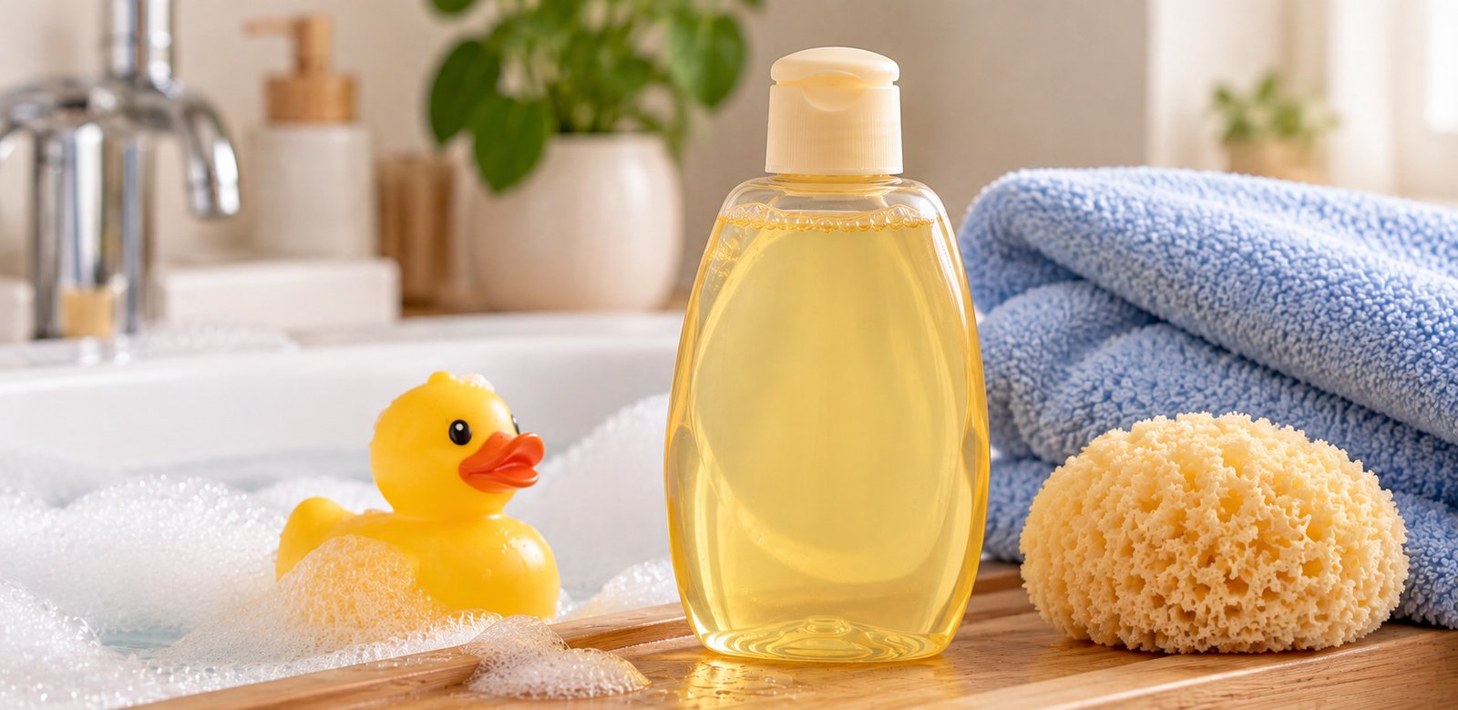 Frasco de shampoo de bebê ao lado de toalha com capuz de ursinho, patinho de borracha, esponja e escova de madeira.
