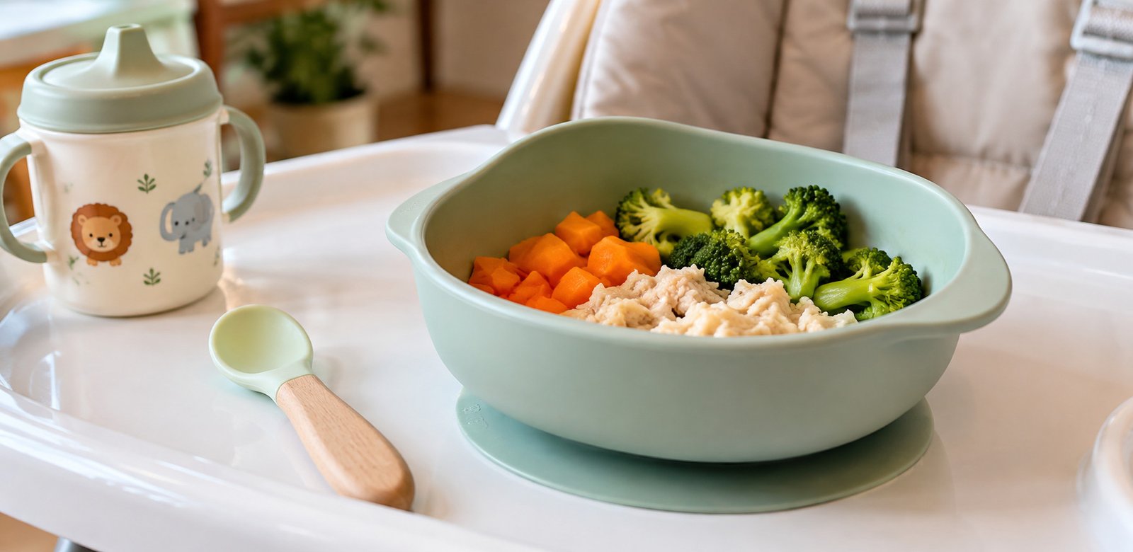 Tigela infantil com base antiderrapante para introdução alimentar do bebê, acompanhada de colher e alimentos.