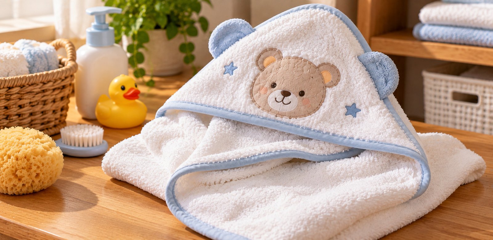 Toalha branca com capuz para bebê, bordada com um ursinho e detalhes azuis, acompanhada de acessórios de banho infantil.