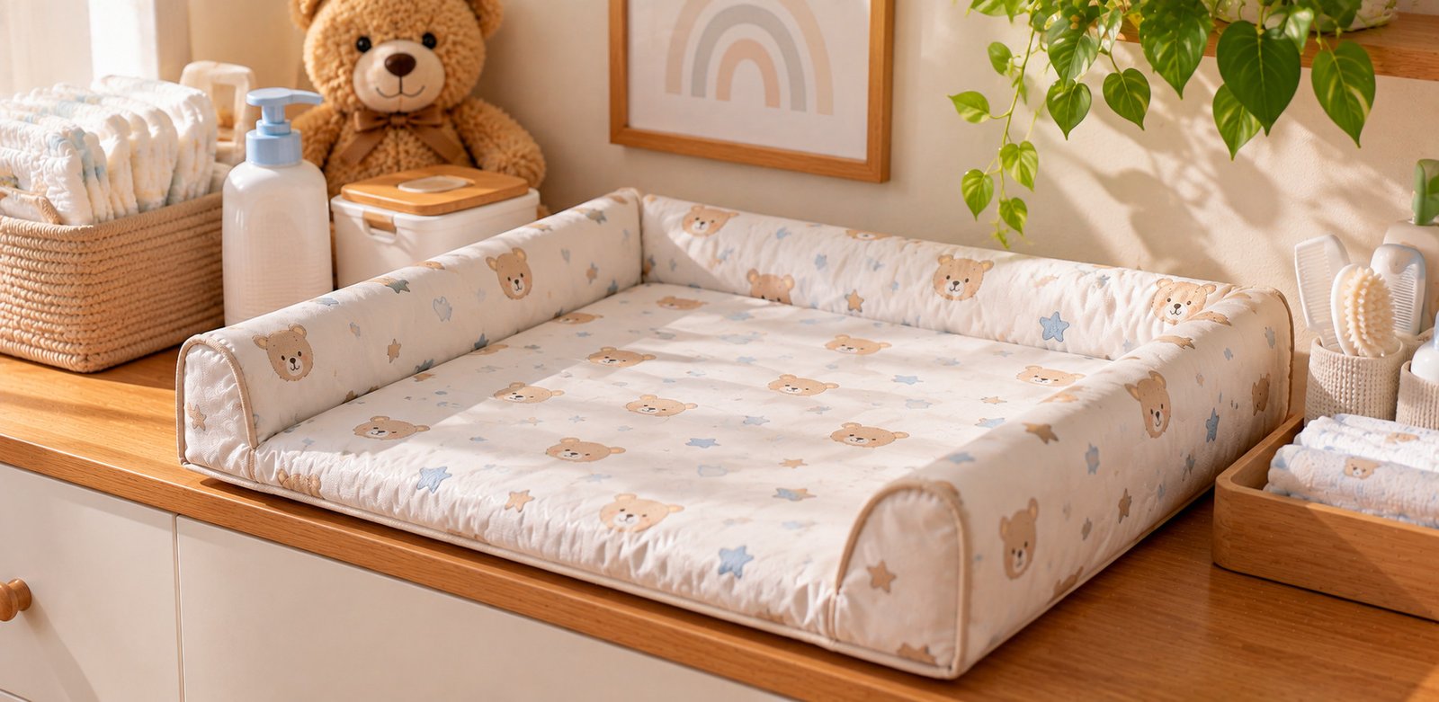 Trocador de bebê acolchoado em tom bege, com estampa de ursinhos e estrelas, sobre uma cômoda de madeira em um quarto infantil.
