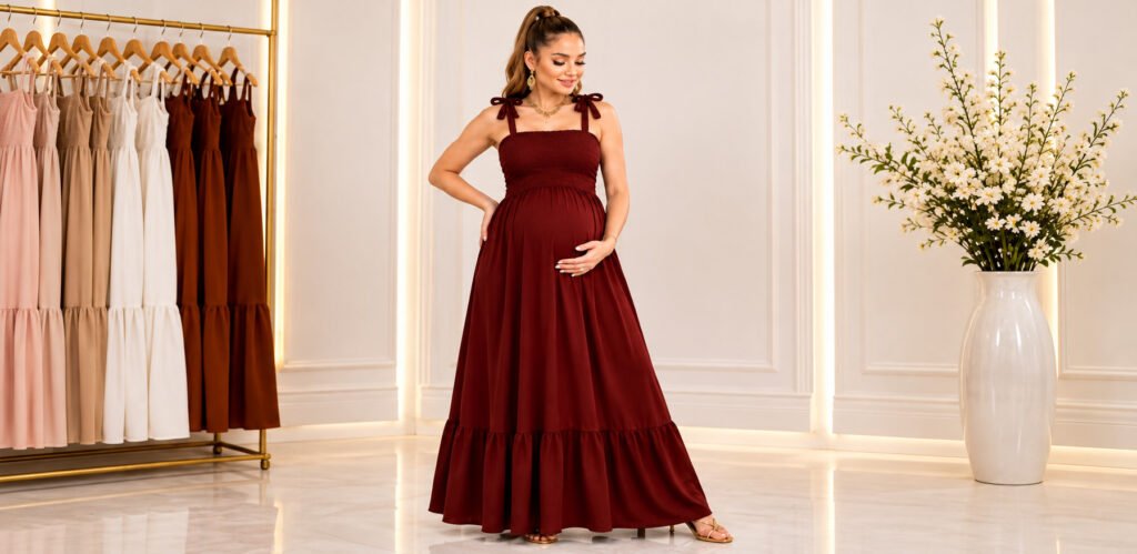 Gestante usando vestido longo bordô com alças ajustáveis por laços